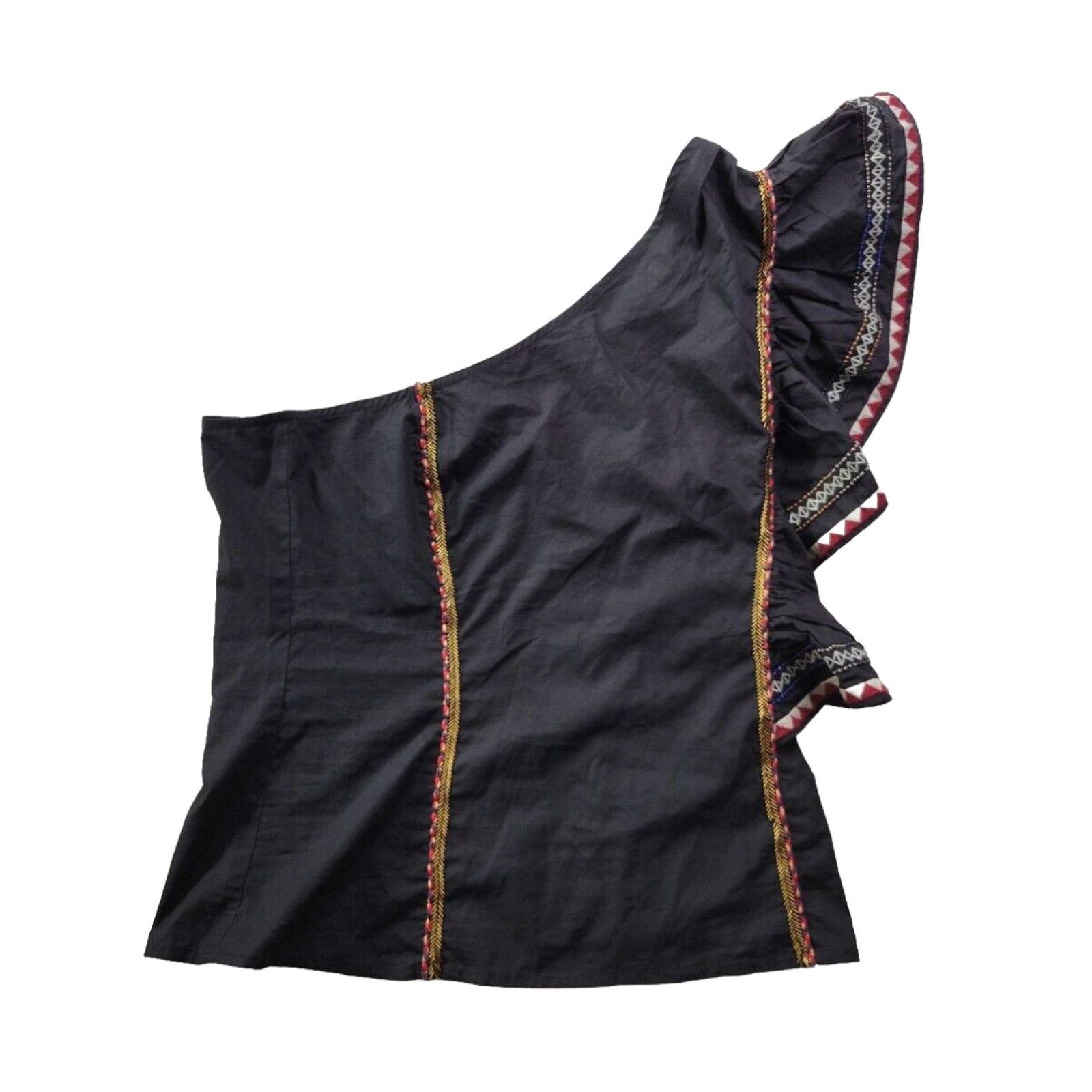 image of Loveshackfancy Love Shack Fancy Women's 6 Black One Shoulder Ruffle Aztec Trim Beaded Side Zip in W