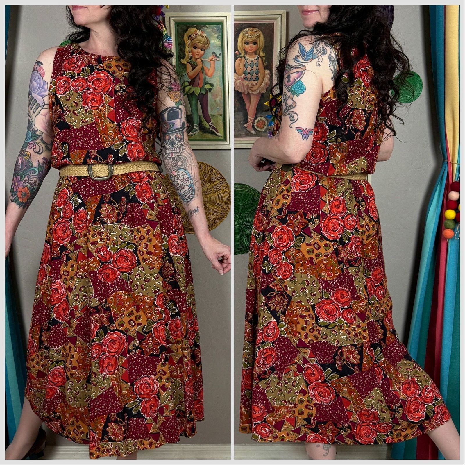 Vintage 1980s Sleeveless Floral & Patchwork Print Belted Midi Dress Size S / US 4 / IT 40 - 3 Thumbnail