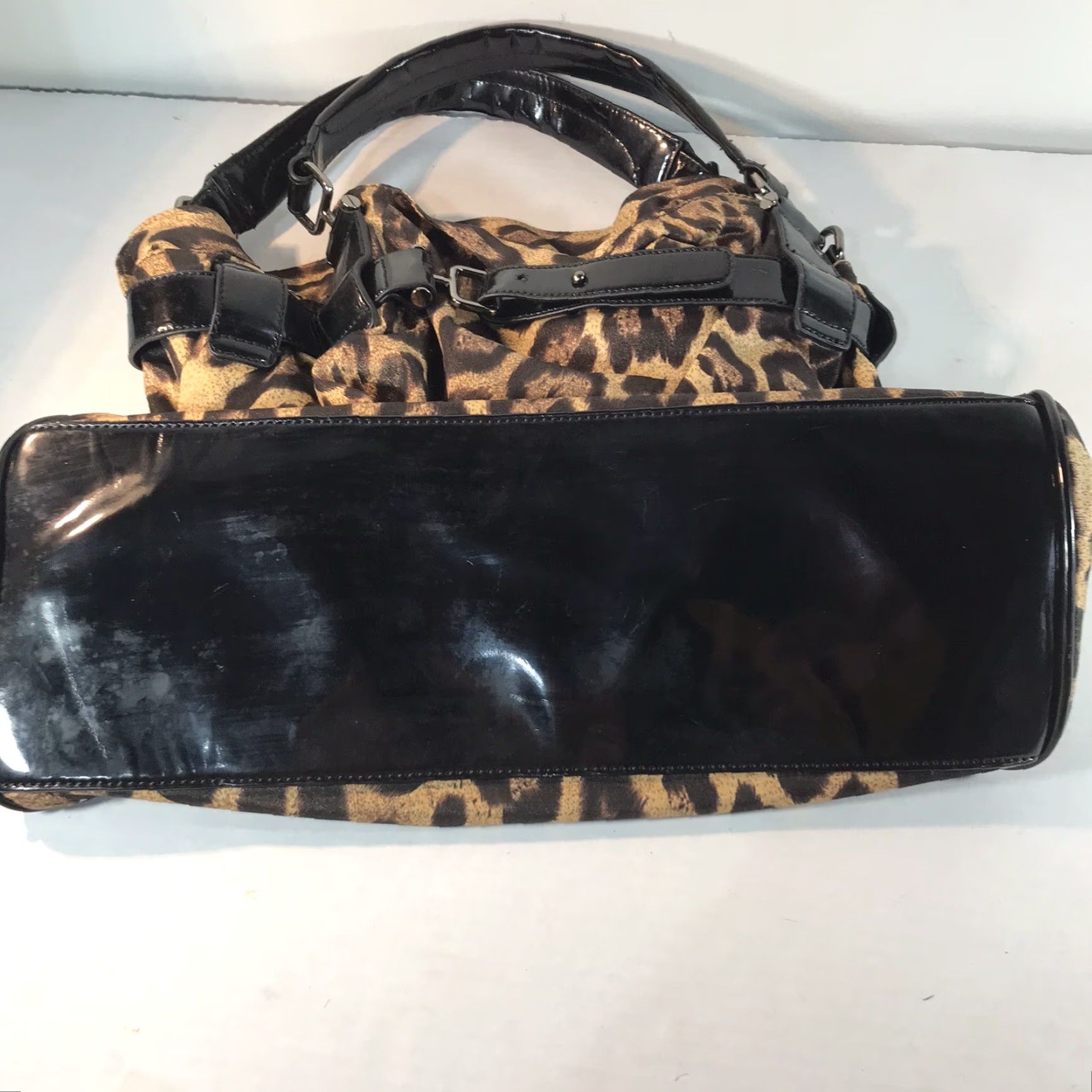 Vintage Vieta Animal Print Fabric Satchel Bag Women's Large Casual Business Travel Black Patent Leather Handles Size ONE SIZE - 3 Thumbnail