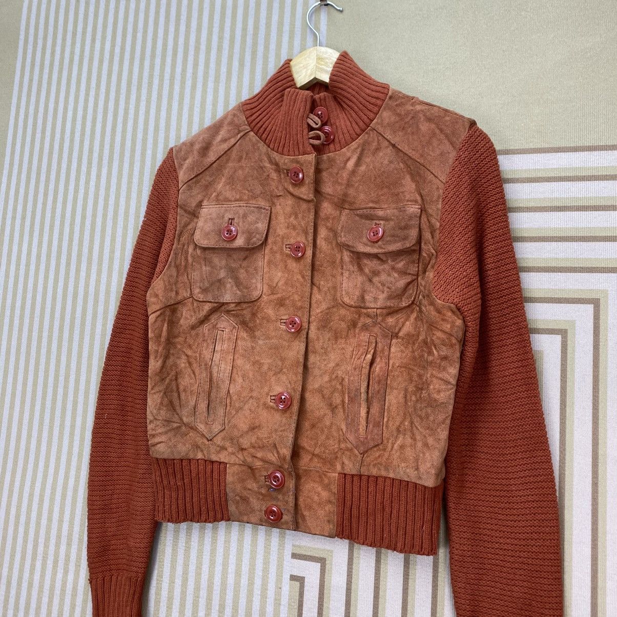 Leather 🫶Vintage Suede and Knit Sleeve High Collar Jacket Size M / US 6-8 / IT 42-44 - 3 Thumbnail