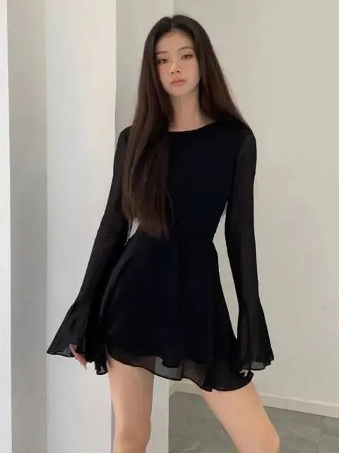 image of Vintage Women's Dress With Transparent Sleeves in Black (Size Medium)