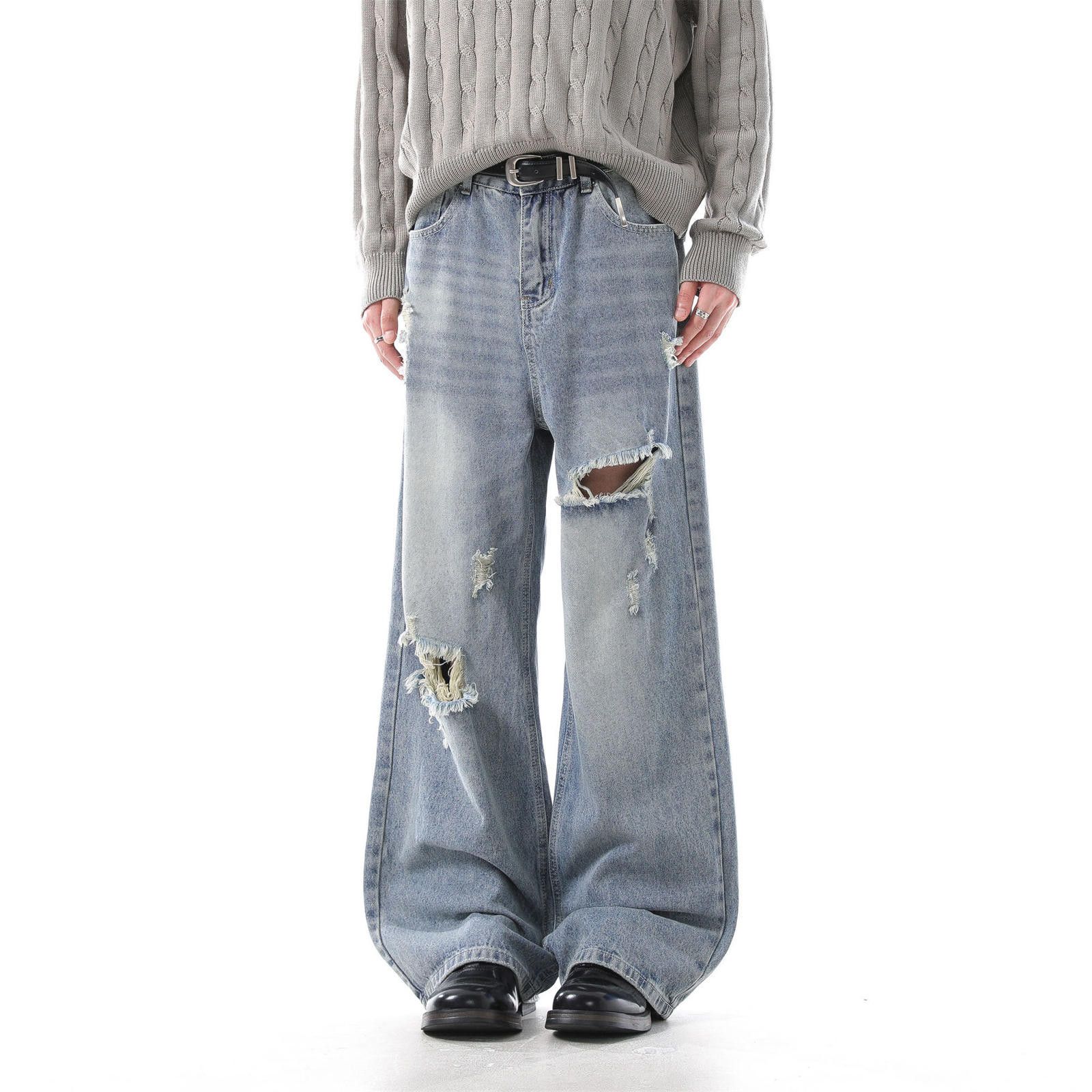 Light Blue Distressed Wide Leg Denim Jeans Baggy Fit