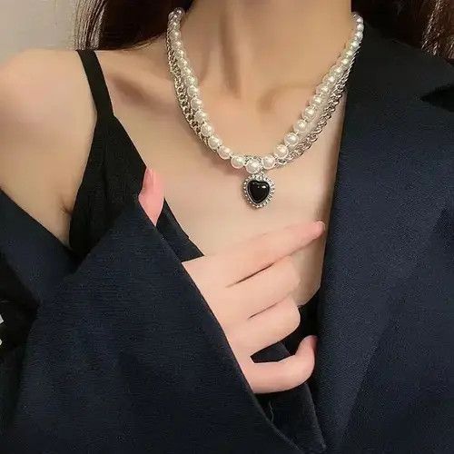 Other Double Layer Steel Pearl Black Heart Pendant Necklace Size ONE SIZE - 3 Thumbnail