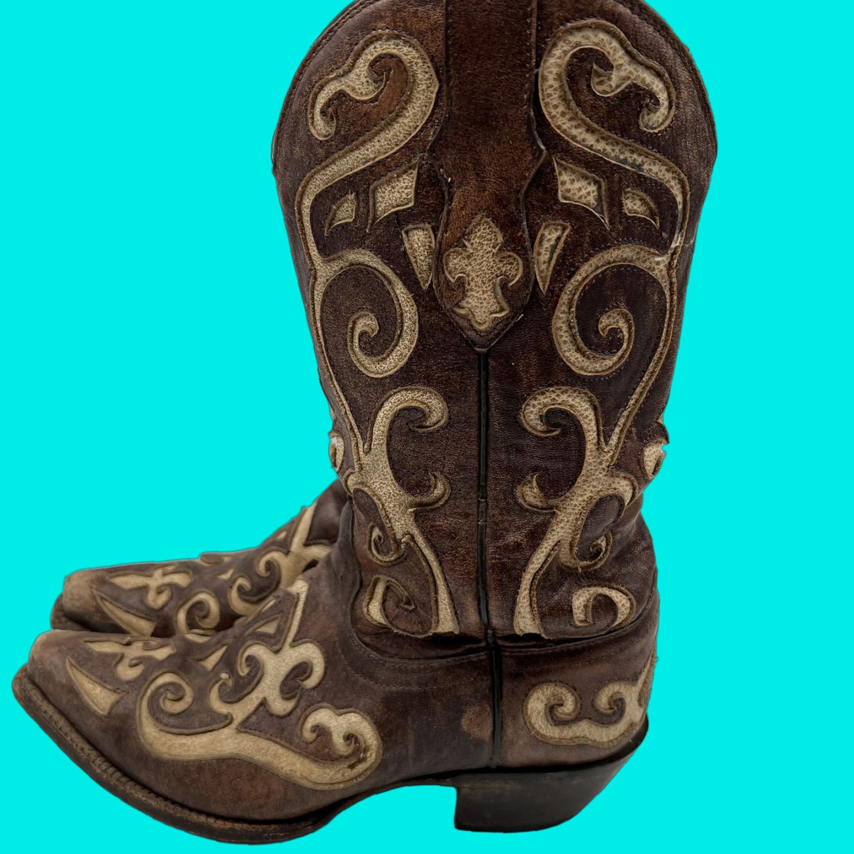 VINTAGE Tony Lama Earth Santa Fe Snip Toe Western Boots Womens 6.5 B Brown Leather Western Boots Women 6.5B Santa Fe Earth