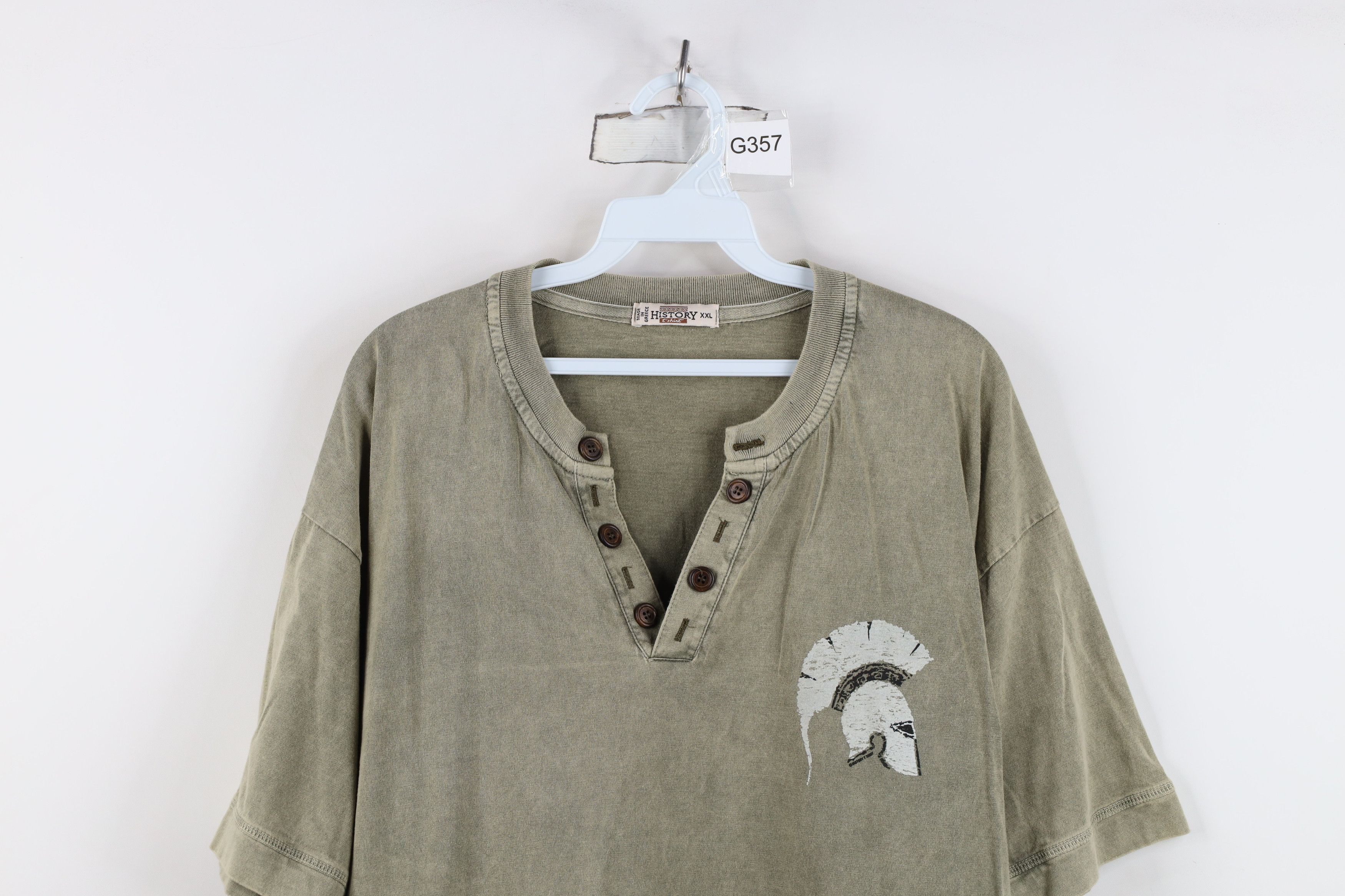 Vintage Vintage 90s Greece Spartan Helmet Henley T-Shirt Green Size US XXL / EU 58 / 5 - 2 Thumbnail