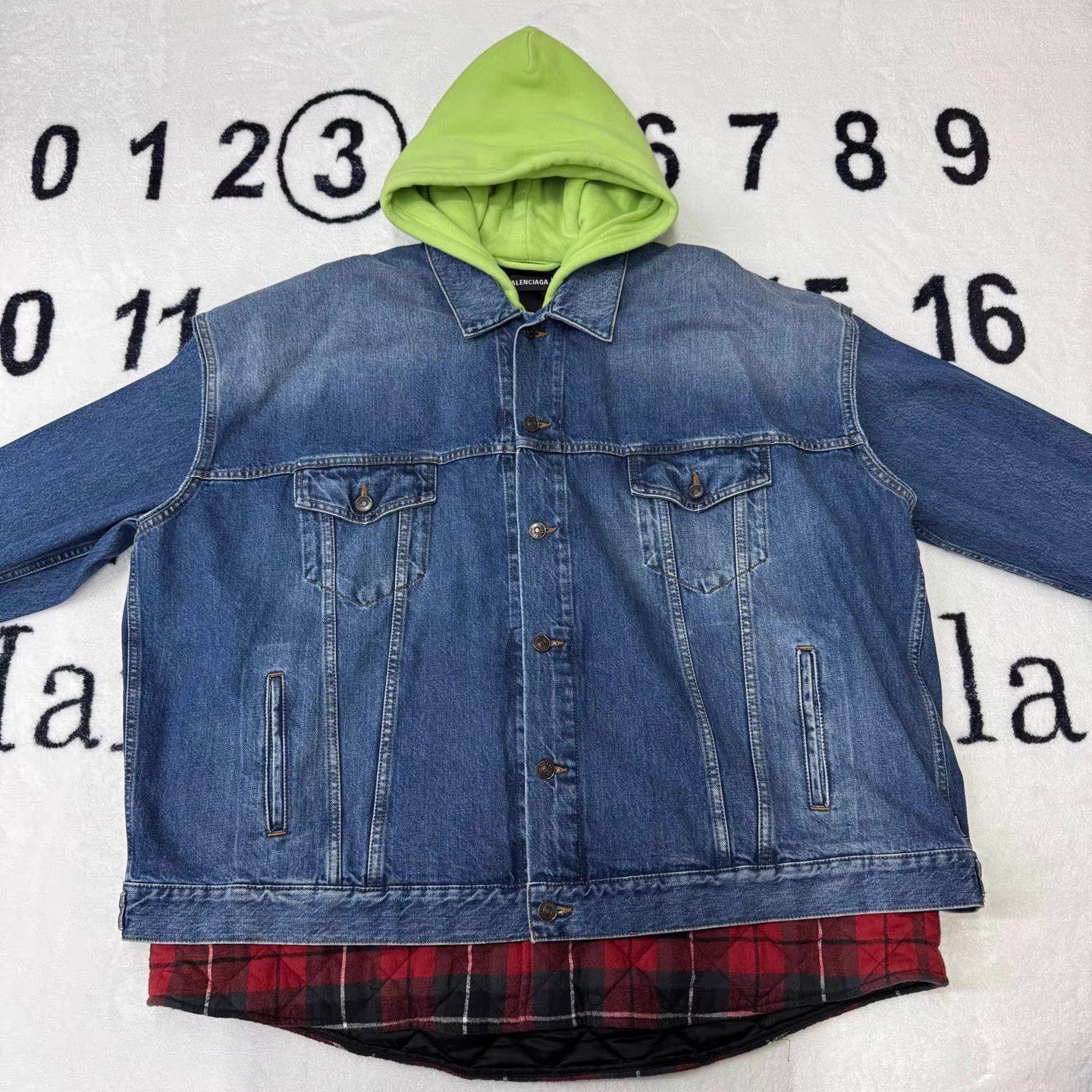 Balenciaga Blue Denim Jacket with Green Hood and Plaid Lining Size US XL / EU 56 / 4 - 1 Thumbnail
