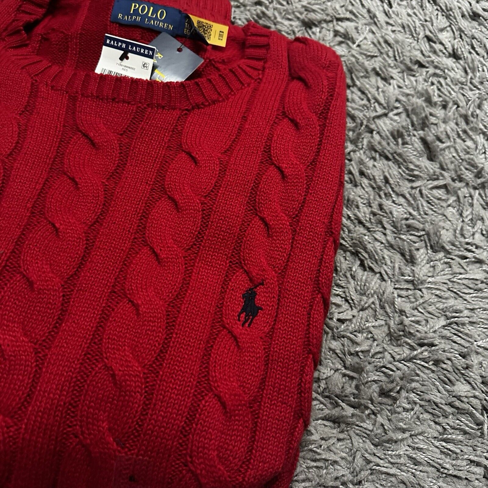 Polo Ralph Lauren NWT Polo Ralph Lauren Red Cotton Cable Knit Crewneck Sweater Size US XL / EU 56 / 4 - 7 Thumbnail