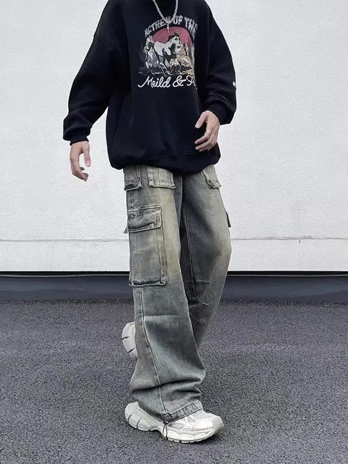 VIBE Retro Distressed Yellow Mud Loose Cargo Jeans Size US 32 / EU 48 - 4 Thumbnail