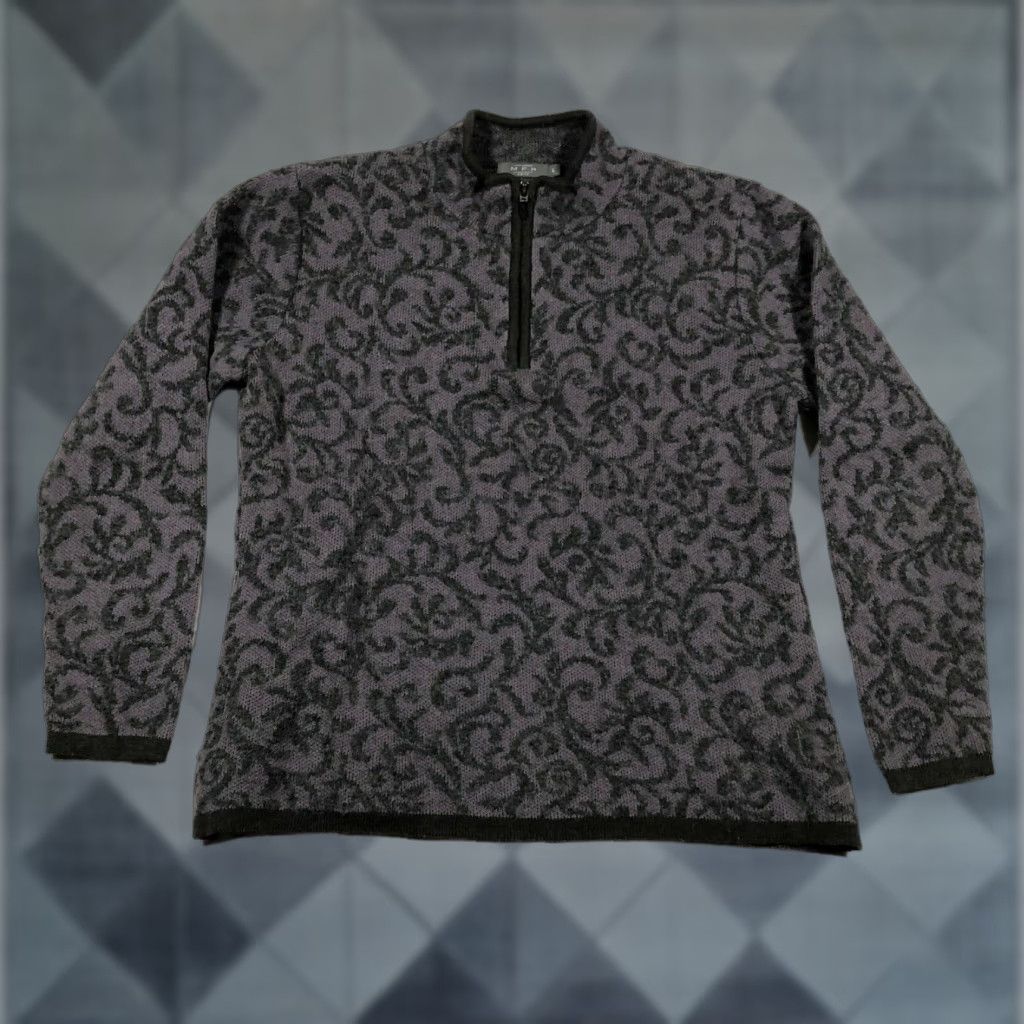 VINTAGE MFH Women's Sweater Knit Pullover Long Sleeve Quarter Zip Paisley Purple L