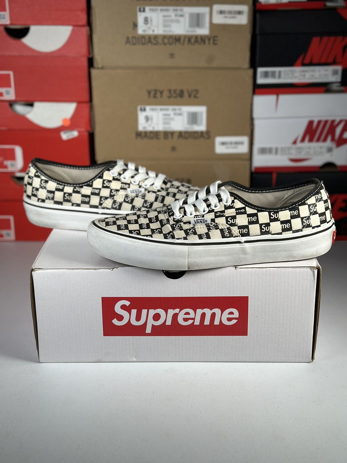 image of Size 8M - Supreme x Vans Authentic Pro Black Checkered Logo Shoes in White, Men's