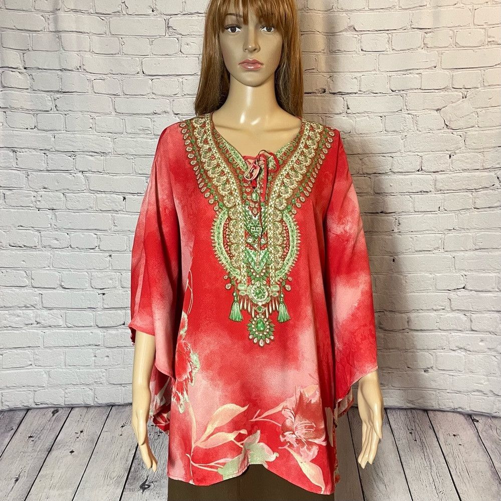 Other New Belle by Kim Gravel Printed V-Neck Lace-Up Red Poncho S Size XXL / US 16-18 / IT 52-54 - 3 Thumbnail