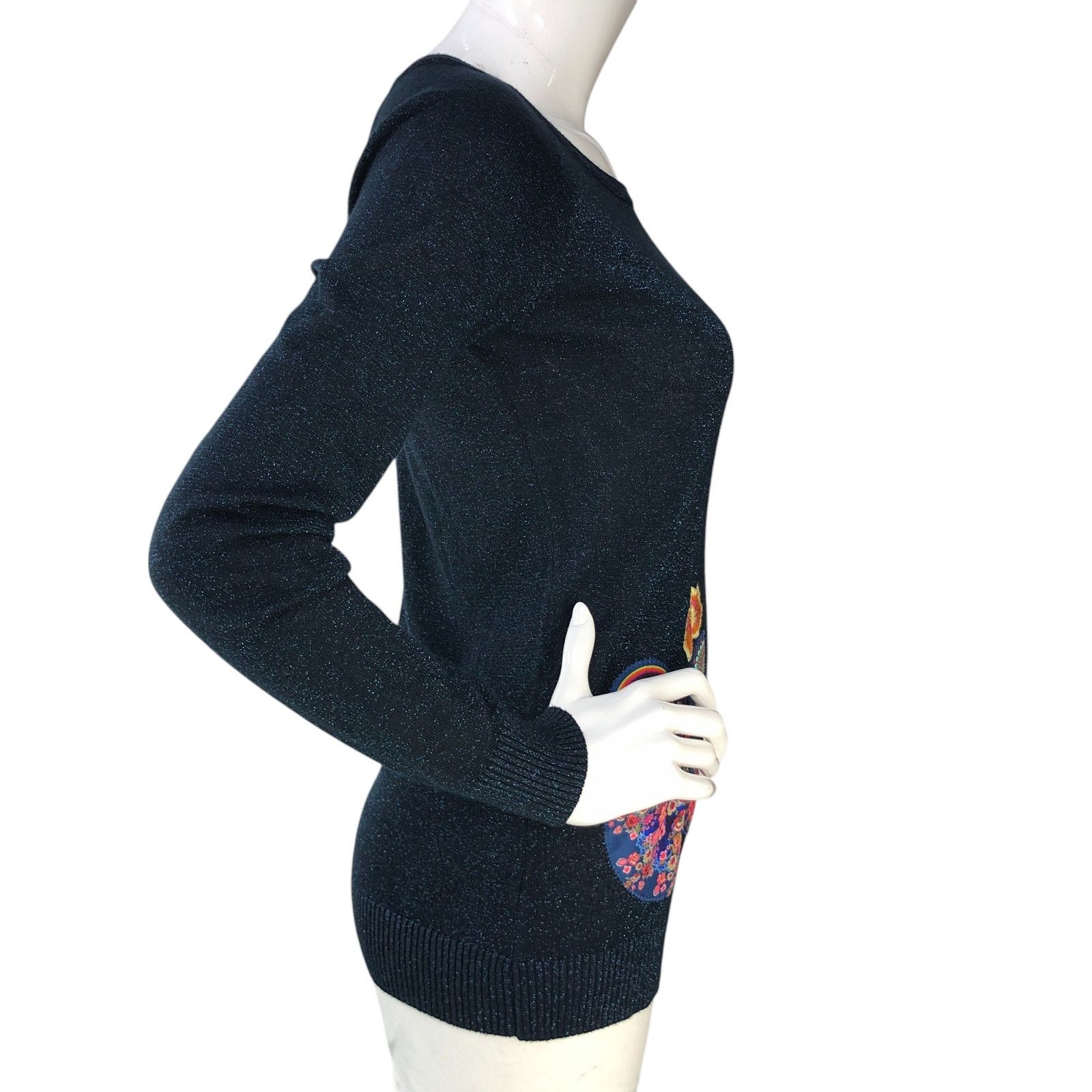 Desigual Desigual Size S Sweater Floral Embroidery Metallic Navy Blue Size S / US 4 / IT 40 - 9 Thumbnail