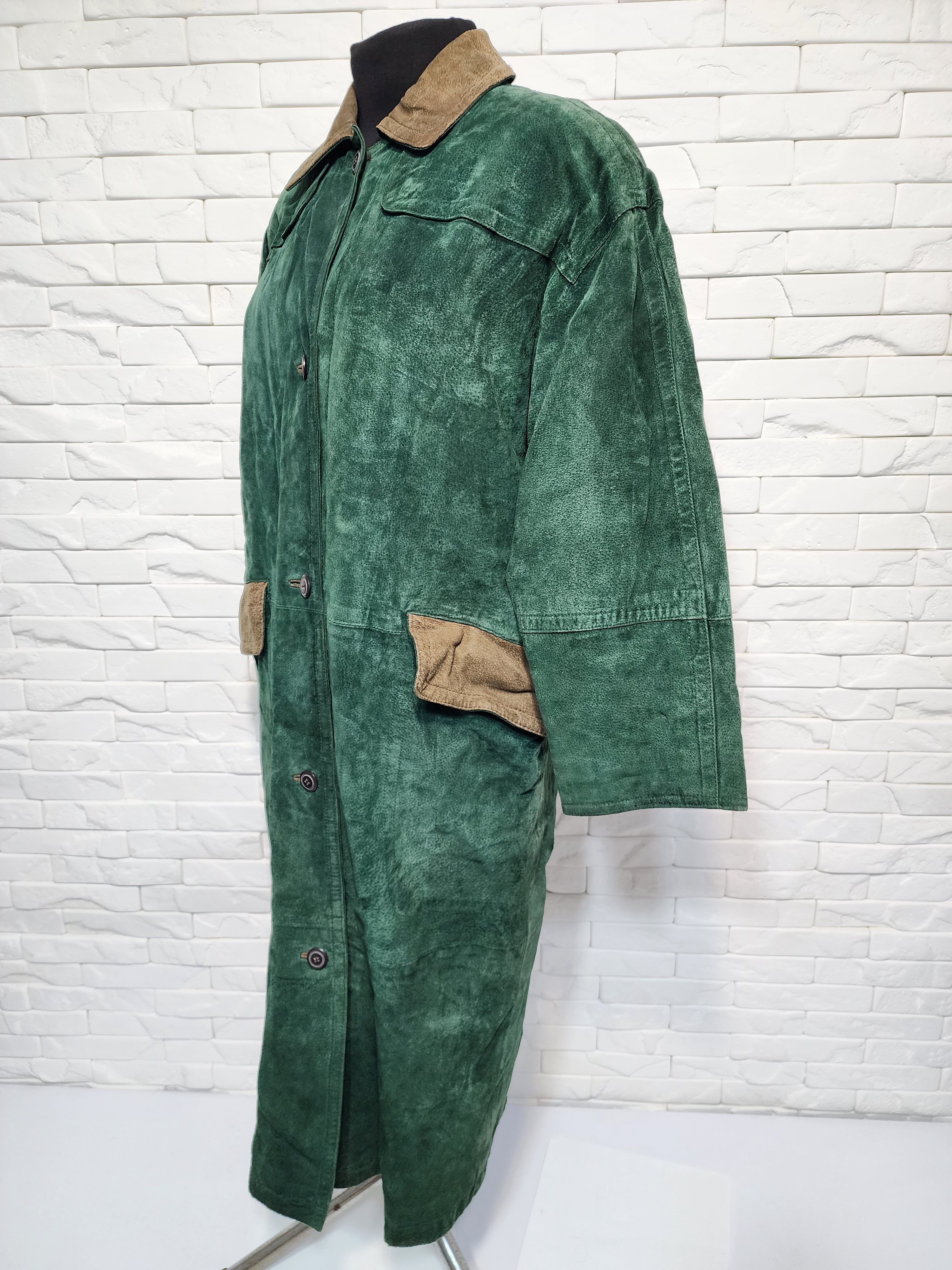 Genuine Leather Green Leather Jacket: Womrn's Button Long Coat Size XL / US 12-14 / IT 48-50 - 2 Thumbnail