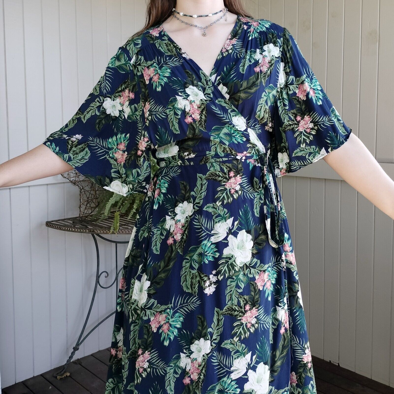 Designer Ivory Dress Floral Wrap Midi Bell Sleeve Ruffle Cocktail Size L / US 10 / IT 46 - 7 Thumbnail