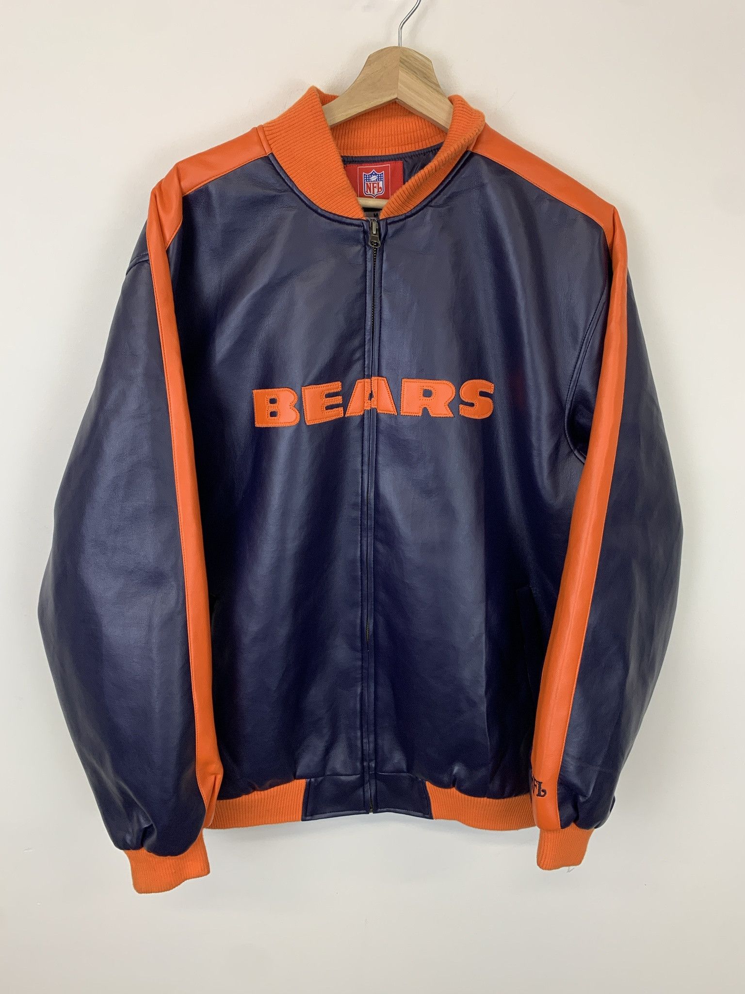 NFL Chicago Bears Faux hotsell Leather Bomber Jacket Mens XL black/ Blue/orange