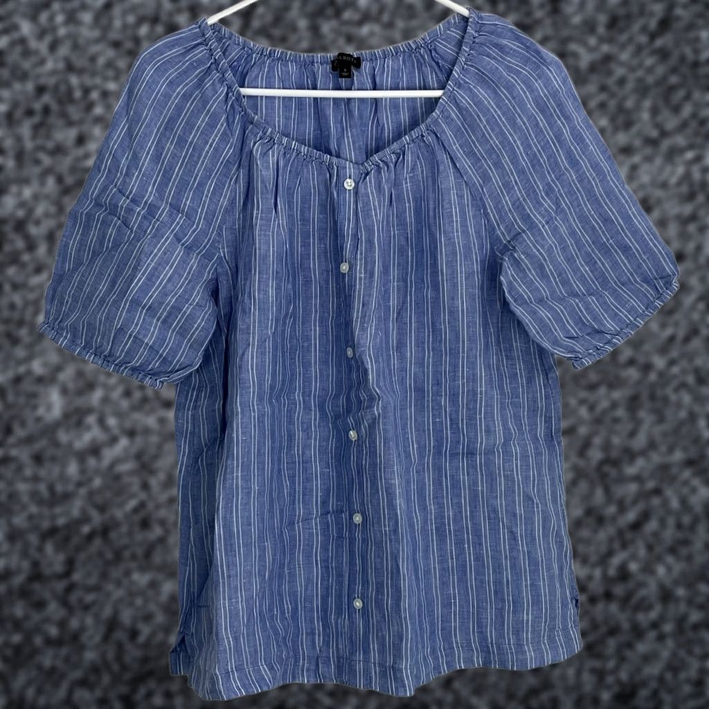 Talbots Talbots Top Women's Small Blue White Striped Linen Off Shoulder Button Front Shirt Womens Small Blue White Striped Linen Off Shoulder Button Front Size S / US 4 / IT 40 - 1 Thumbnail