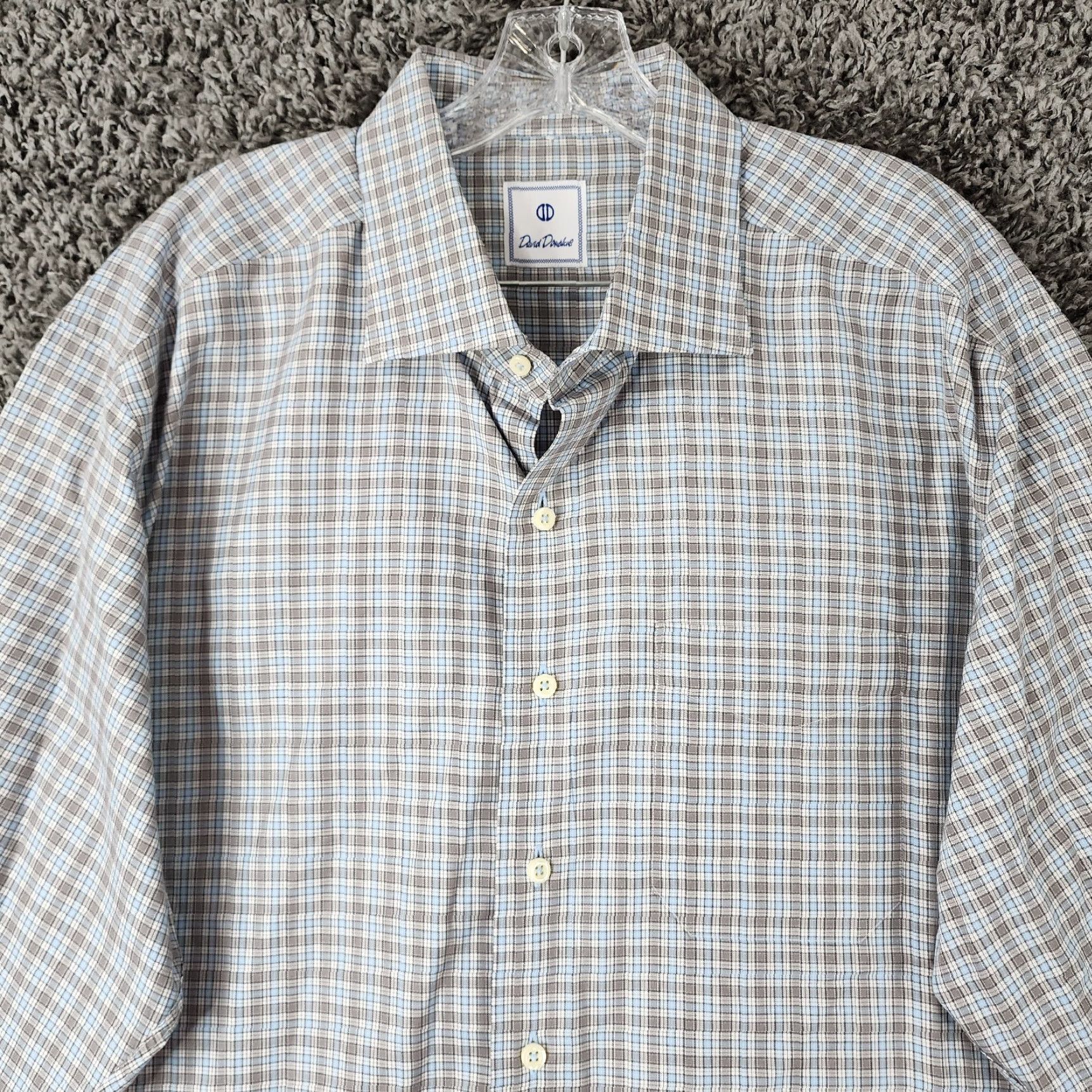 David Donahue DAVID DONAHUE Dress Shirt Mens Gray Blue Plaid Long Sleeve 2XL Cotton Shirt Size 2XL Mens Size 48R - 3 Thumbnail
