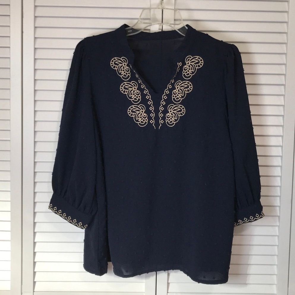 Shein Shein Blue Gold Embroidered V-neck ¾ Sleeve Blouse L Size L / US 10 / IT 46 - 1 Thumbnail