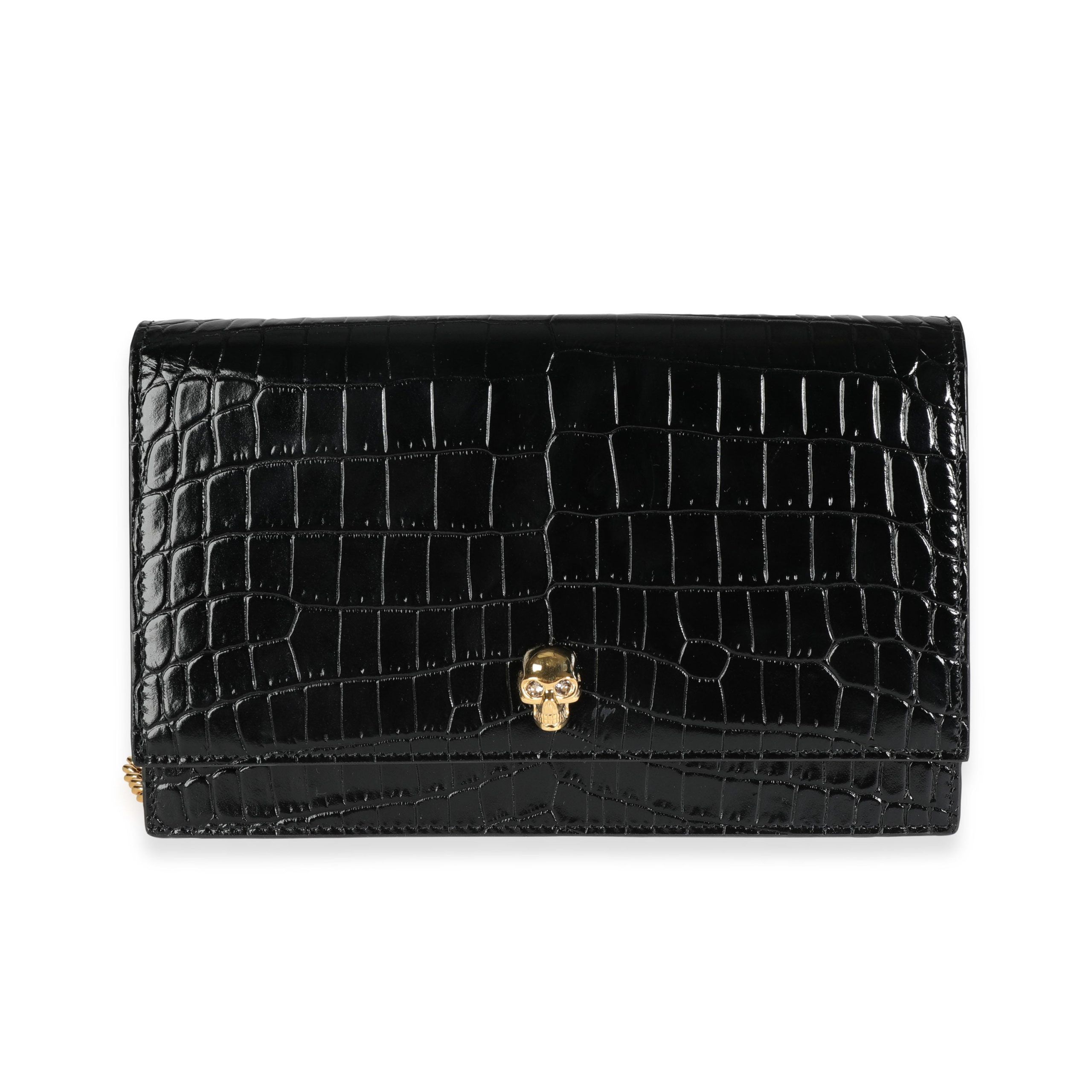 image of Alexander Mcqueen Black Crocodile-Embossed Leather Skull Shoulder Bag, Women's