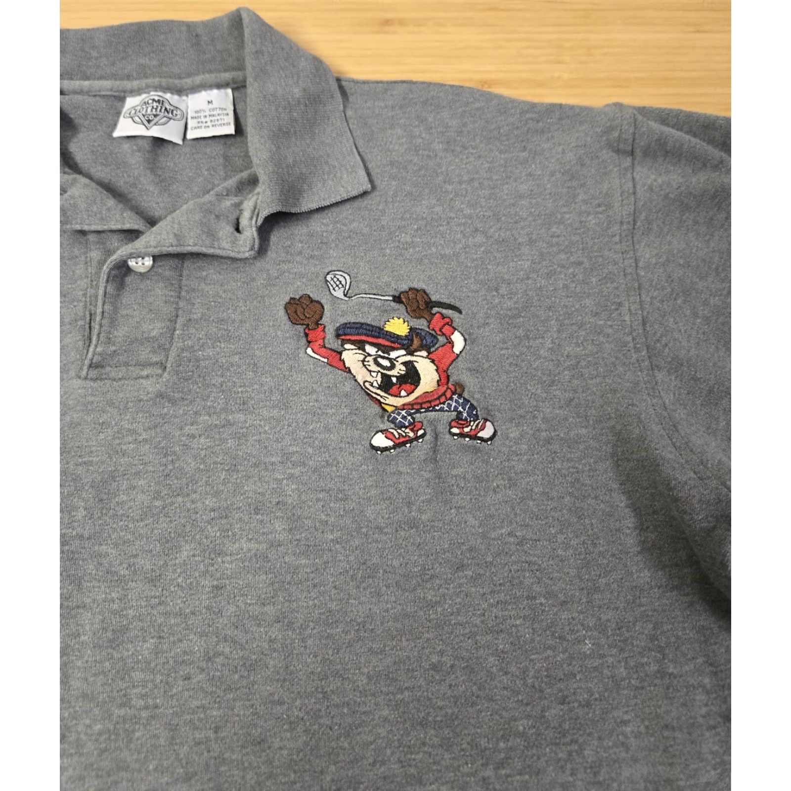 Acme Clothing VINTAGE Looney Tunes ACME Polo Shirt Mens M Gray Taz Embroidered Golf Graphic Print Collared Short Sleeve 100% Cotton Size US M / EU 48-50 / 2 - 2 Thumbnail