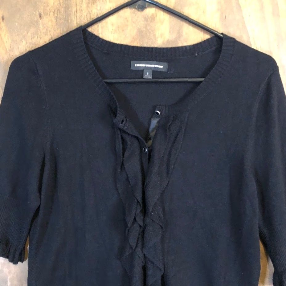 Express Express Design Studio Womens Sweater Cardigan Black Knit Ruffled Button Down Stretch S Size S / US 4 / IT 40 - 2 Thumbnail
