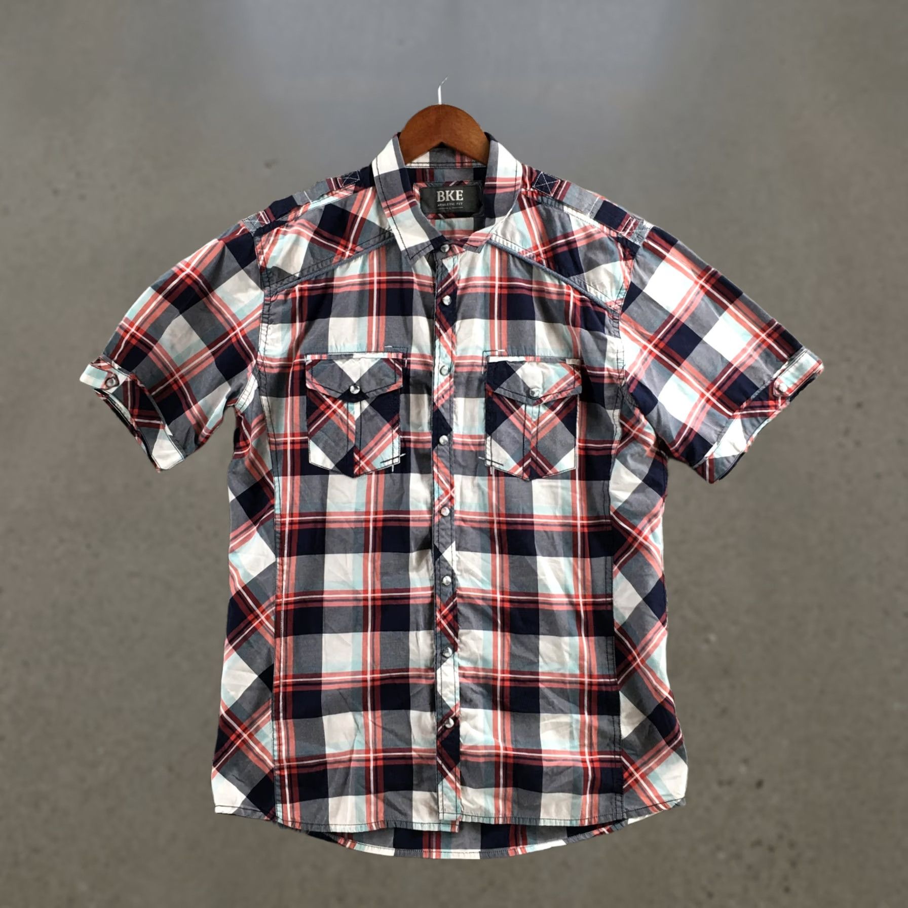 BKE BKE Shirt Mens L Athletic Fit Red Plaid Short Sleeve Button Front Top Size US L / EU 52-54 / 3 - 1 Thumbnail