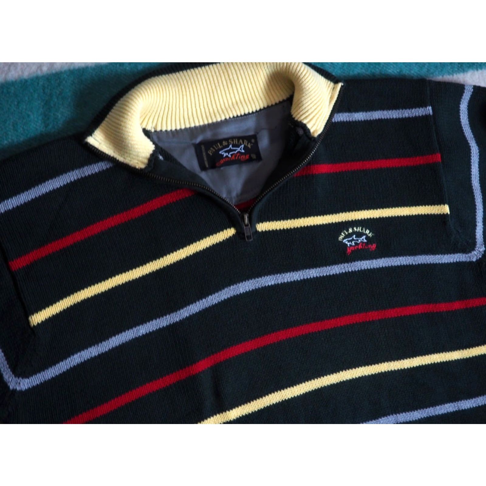Paul & Shark VTG Paul Shark Yachting Forest Green Striped Cotton 1/4 Zip Pullover XL Sweater Men Size US XL / EU 56 / 4 - 3 Thumbnail