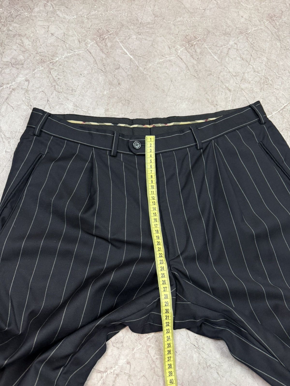 Burberry Burberry Pinstripe Pants Black Navy Wool Pleated Plaid Trim Size US 36 / EU 52 - 11 Thumbnail