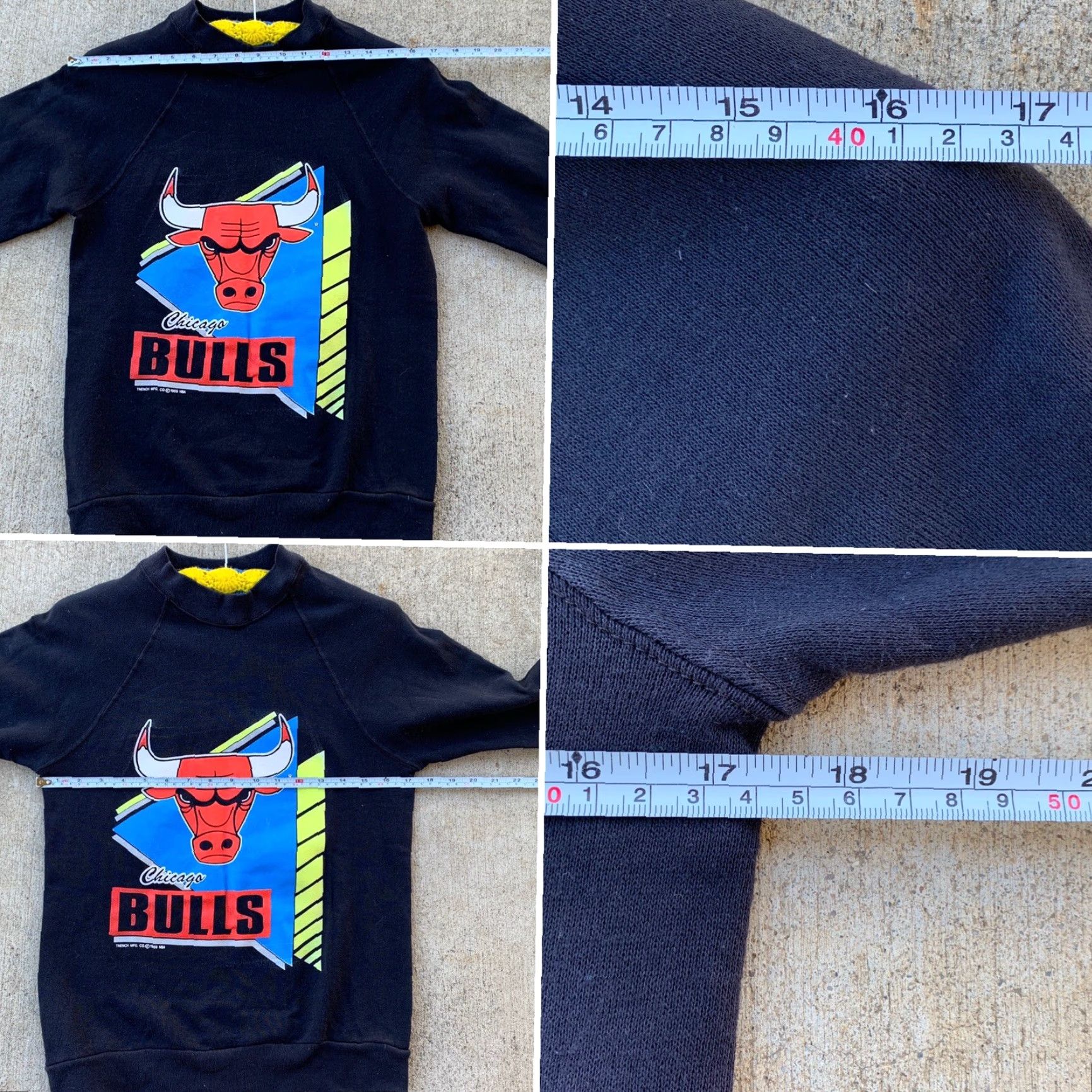 CO VINTAGE Chicago Bulls Sweatshirt Trench Mfg Co c 1989 NBA 1980s Size S Mens Black Cotton Blend Pullover Graphic Print 80s Sports Sweatshirt Size US S / EU 44-46 / 1 - 7 Thumbnail