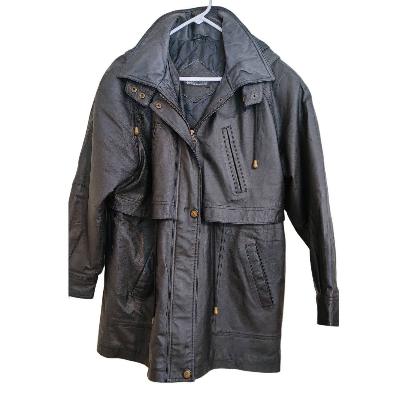 Other Vtg Leather Trench Coat Quilted Liner Hood N.Y.D.A. Medium Size M / US 6-8 / IT 42-44 - 1 Thumbnail