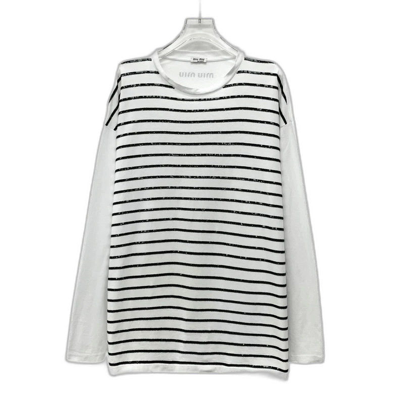Miu Miu Miu Miu White Striped Long Sleeve T-Shirt Size L / US 10 / IT 46 - 1 Thumbnail