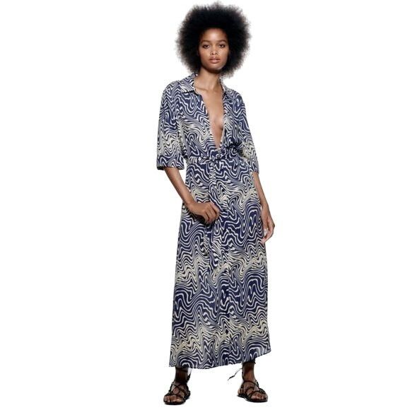 Zara Navy & Ivory Belted Dress