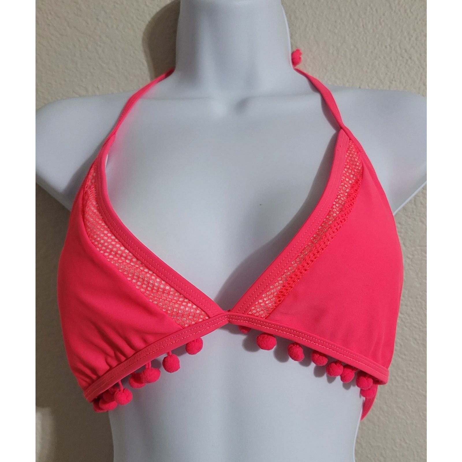 Bright Pink Triangle Bikini Top L Mesh Fuzzy Balls On Trim, Women's