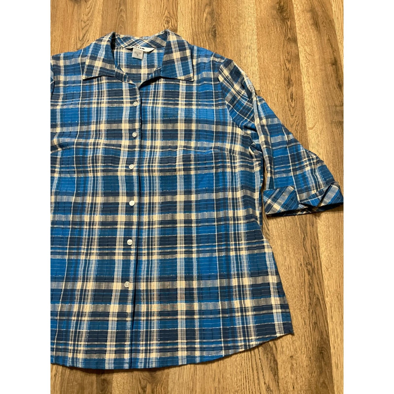 Vintage Alia Shirt Women's Button Up Long Sleeve Plaid Blue Cream Size 16 Size XXL / US 16-18 / IT 52-54 - 4 Thumbnail