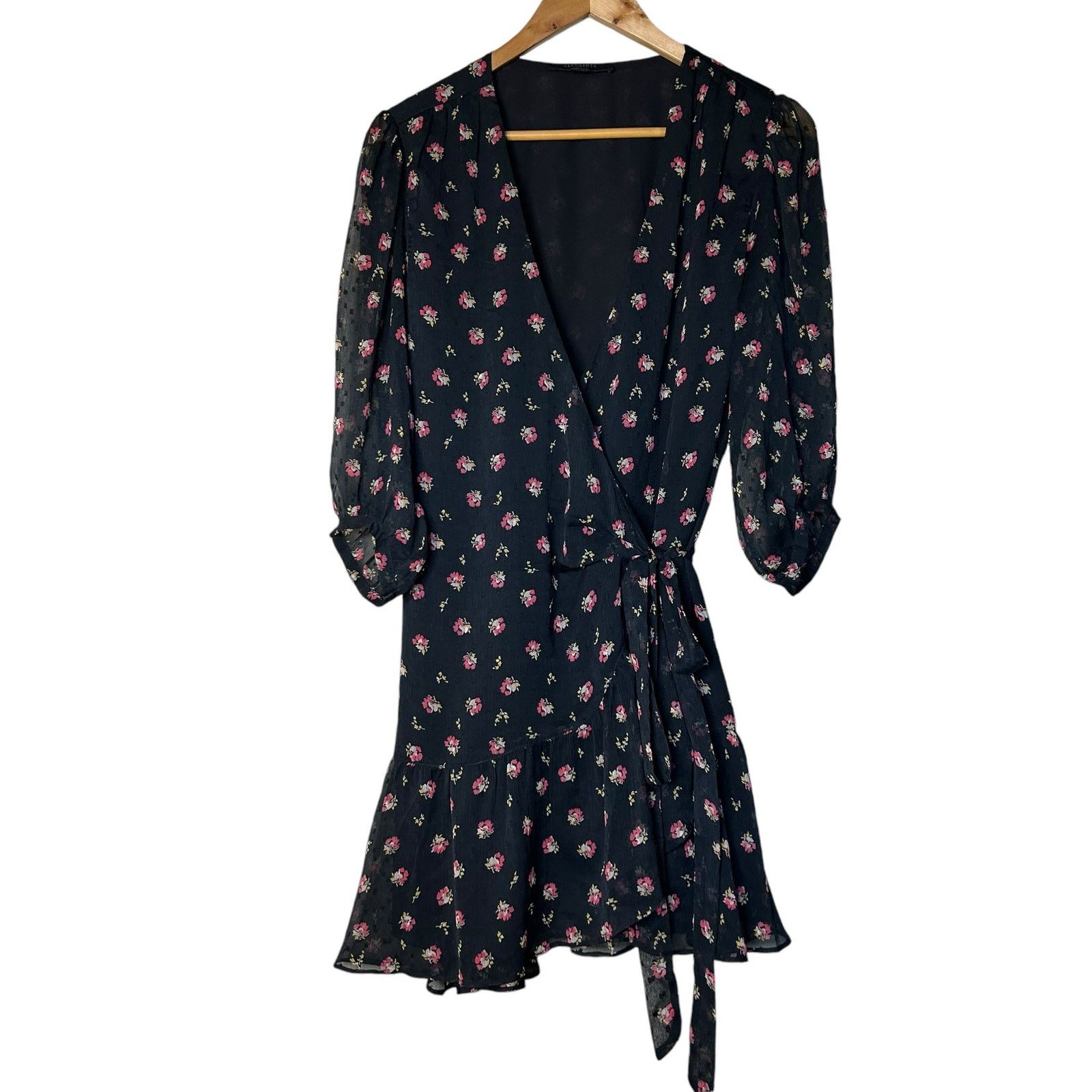 Allsaints All Saints Dress Mini Floral Wrap Black Ruffle Hem Size M Size M / US 6-8 / IT 42-44 - 1 Thumbnail