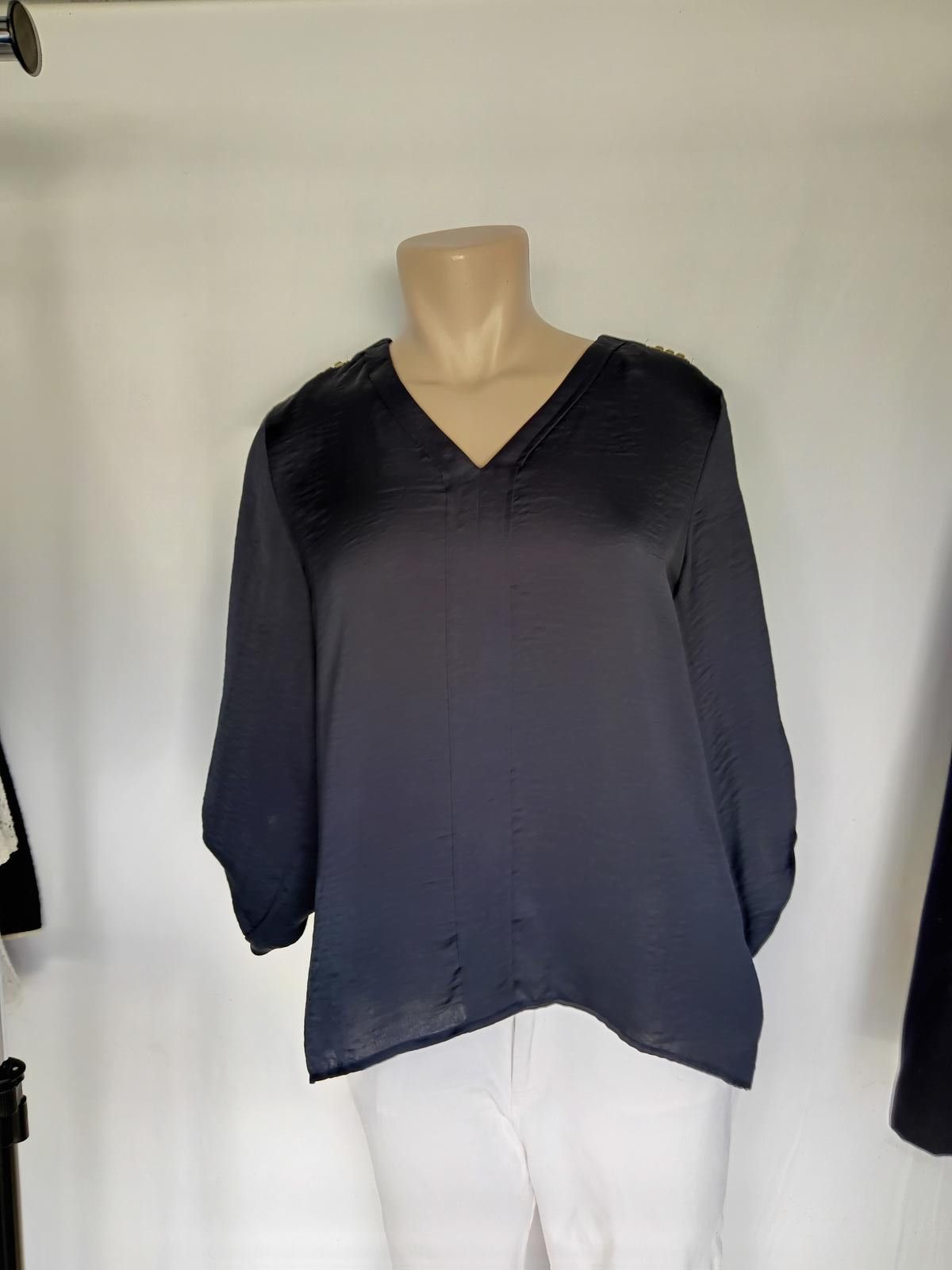 Shein Chic Navy Blue V-Neck Blouse by ELLEN Tracy - Size XS Size XS / US 0-2 / IT 36-38 - 1 Thumbnail