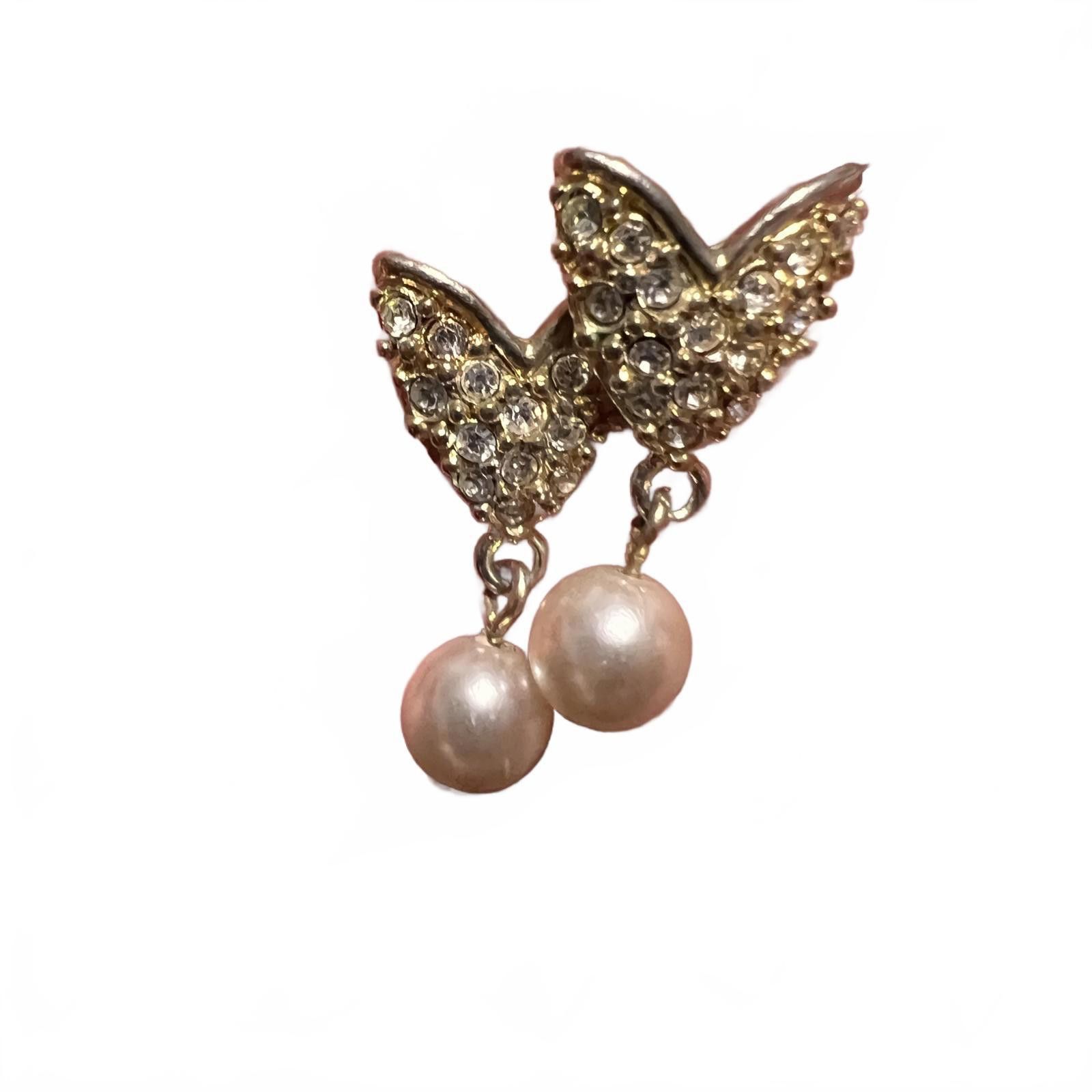 Unknown London Gold Tone Butterfly Earrings with Pearl Drop Size ONE SIZE - 1 Thumbnail