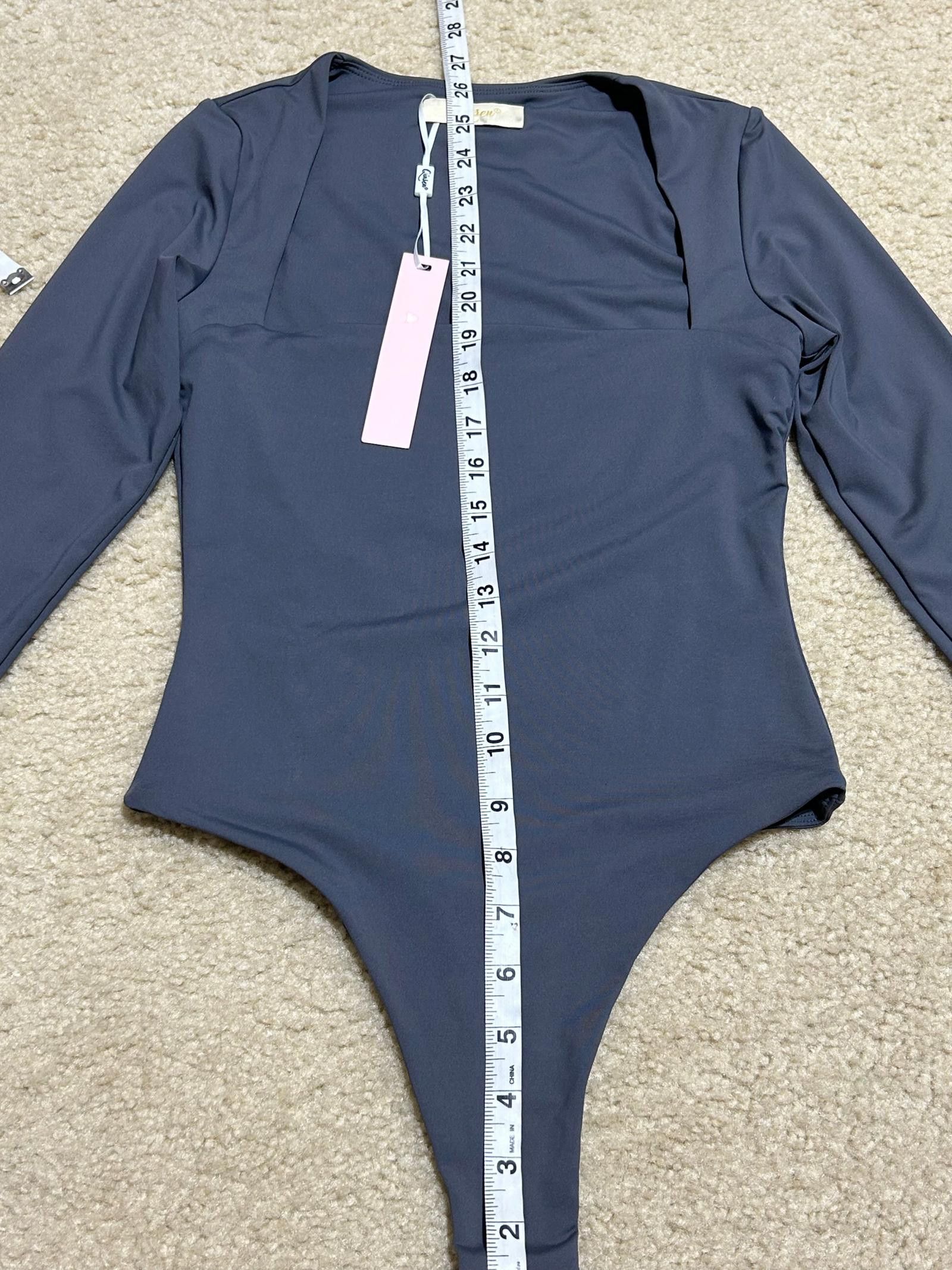 Designer Qinsen Long-Sleeve Square Neck Bodysuit, S, Charcoal Gray Size S / US 4 / IT 40 - 6 Thumbnail