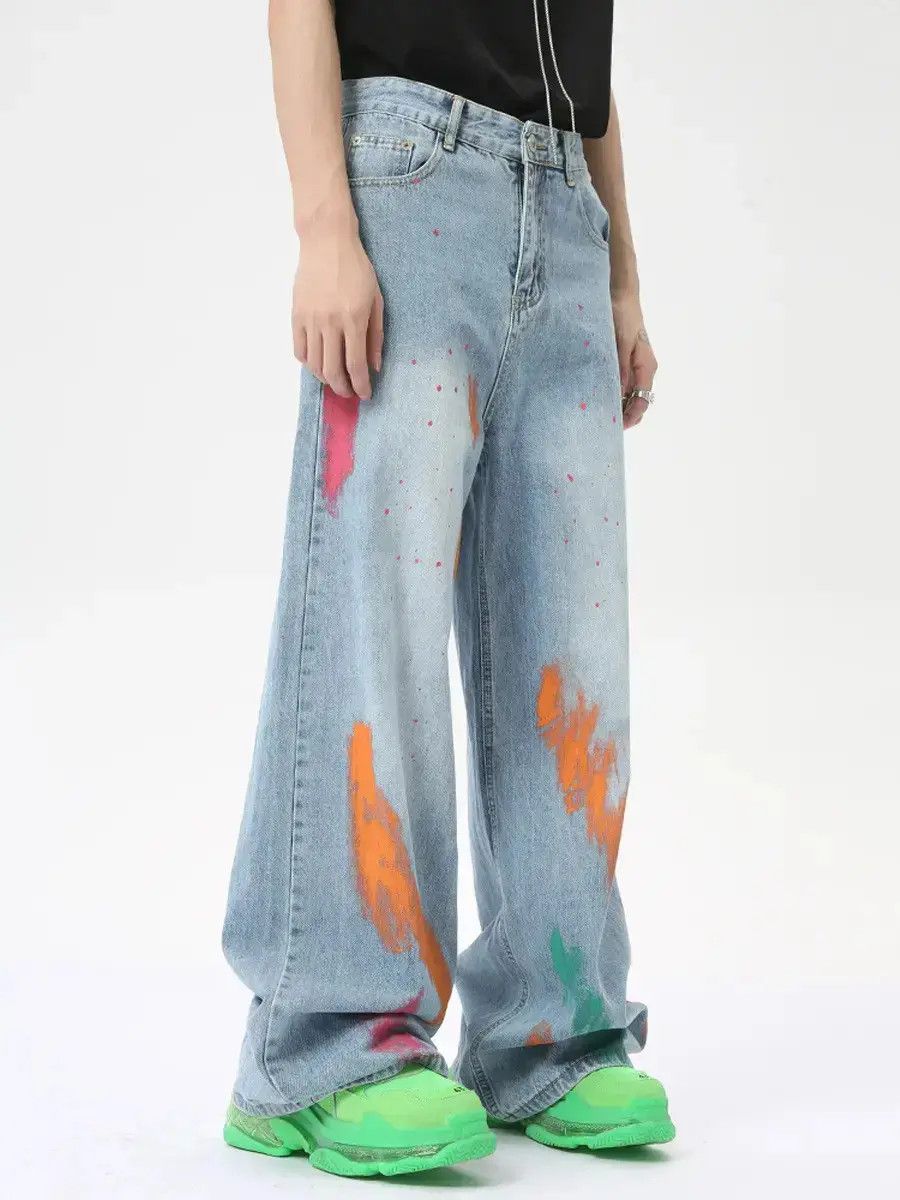 Japanese Brand Retro loose straight leg hand-painted graffiti jeans Size US 32 / EU 48 - 2 Thumbnail