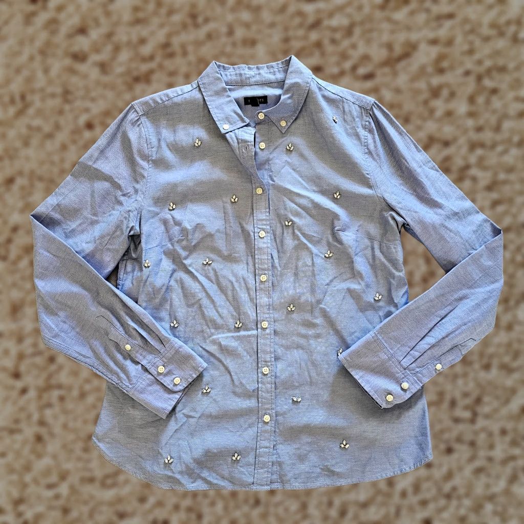 Talbots Talbots Blouse Shirt Womens 10 Blue Rhinestones Button Long Sleeve Classic Career Mens? Size L / US 10 / IT 46 - 1 Thumbnail