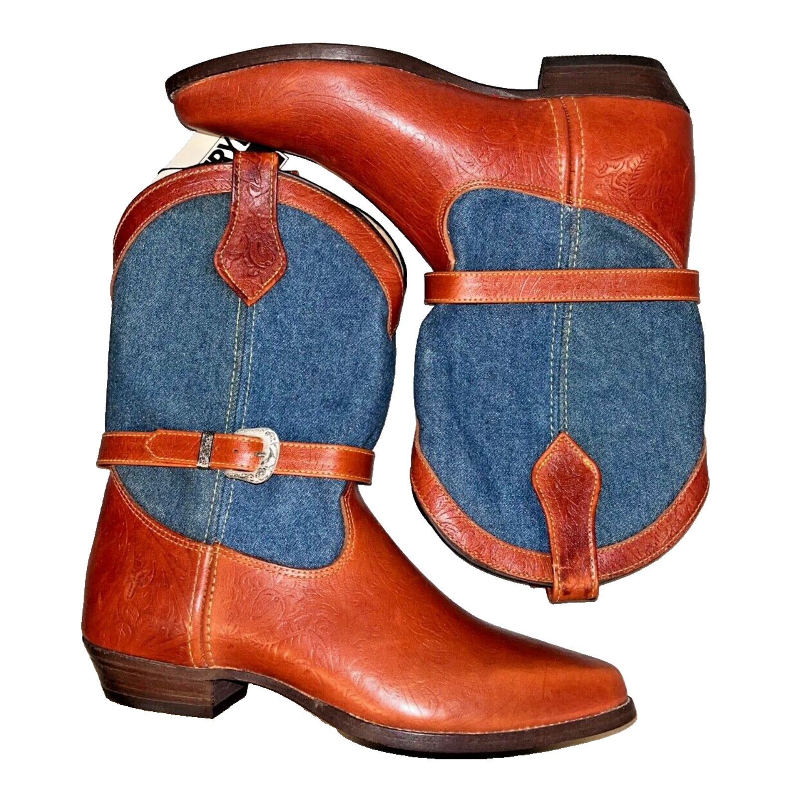 Frye Frye Cowboy Boots Denim Leather Silver Buckles Vintage Sz 8 Size US 6 / IT 36 - 3 Thumbnail