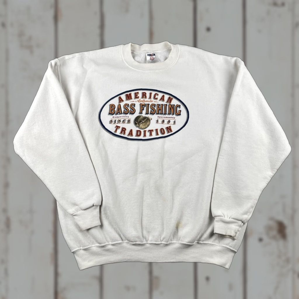 Jerzees VINTAGE Bass Fishing American Tradition Jerzees Super Sweats XL Sweater White Shirt Mens 90s USA Y2k Sports Pullover Cotton Blend Knit Sweatshirt Size US XL / EU 56 / 4 - 1 Thumbnail