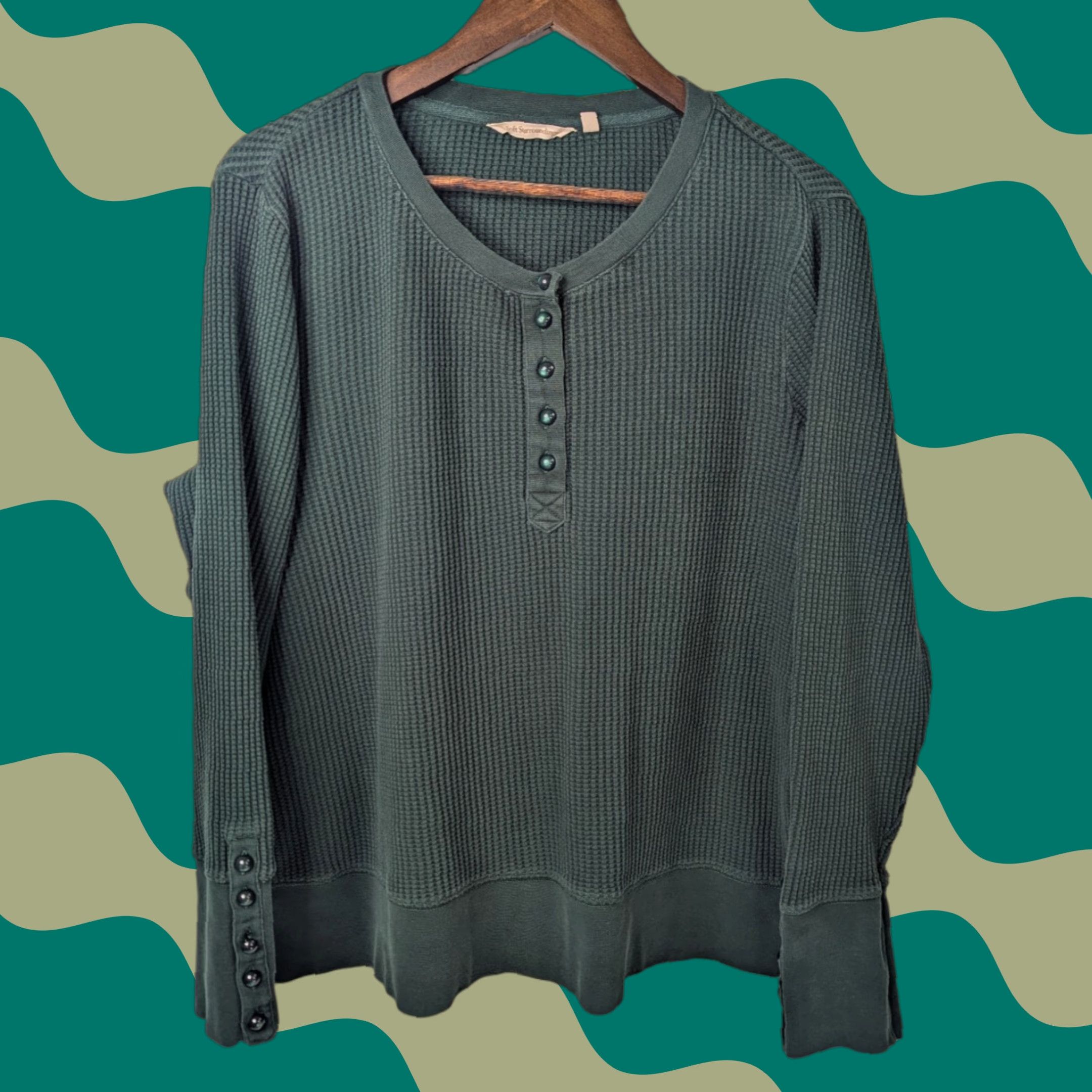 Soft Surroundings Soft Surroundings Henley Pullover Sweater Green Rib Knit Cotton Womens Large Shirt Size L / US 10 / IT 46 - 1 Thumbnail