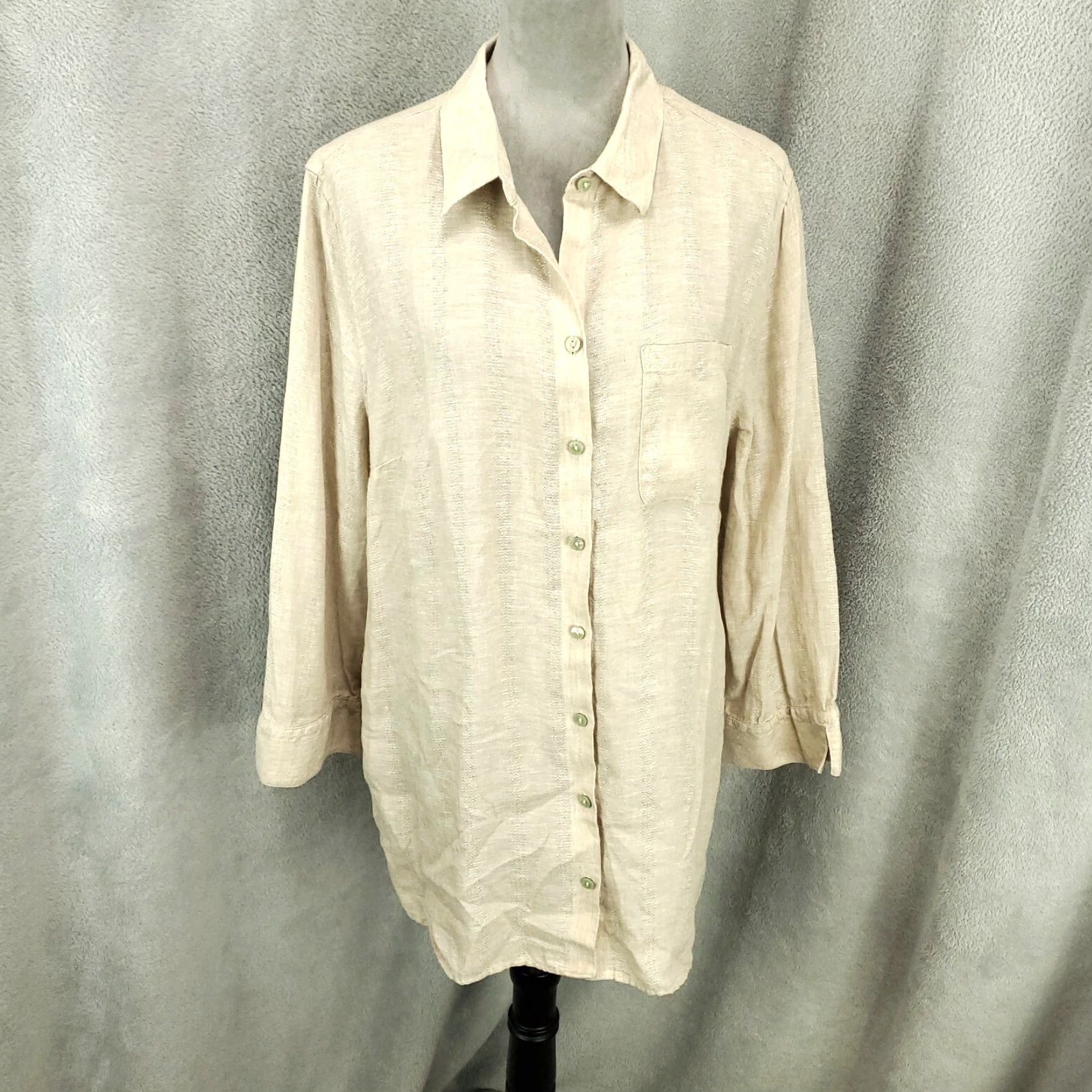 Vintage Womens Chico's Linen Button-Up Size 16 Tan Ivory XL Non-Iron Long Sleeve Casual Shirt Womens Regular Size XXL / US 16-18 / IT 52-54 - 2 Thumbnail