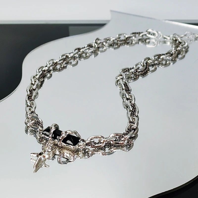 Other Silver chain necklace steel with Obsidian stone gem cross Size ONE SIZE - 1 Thumbnail