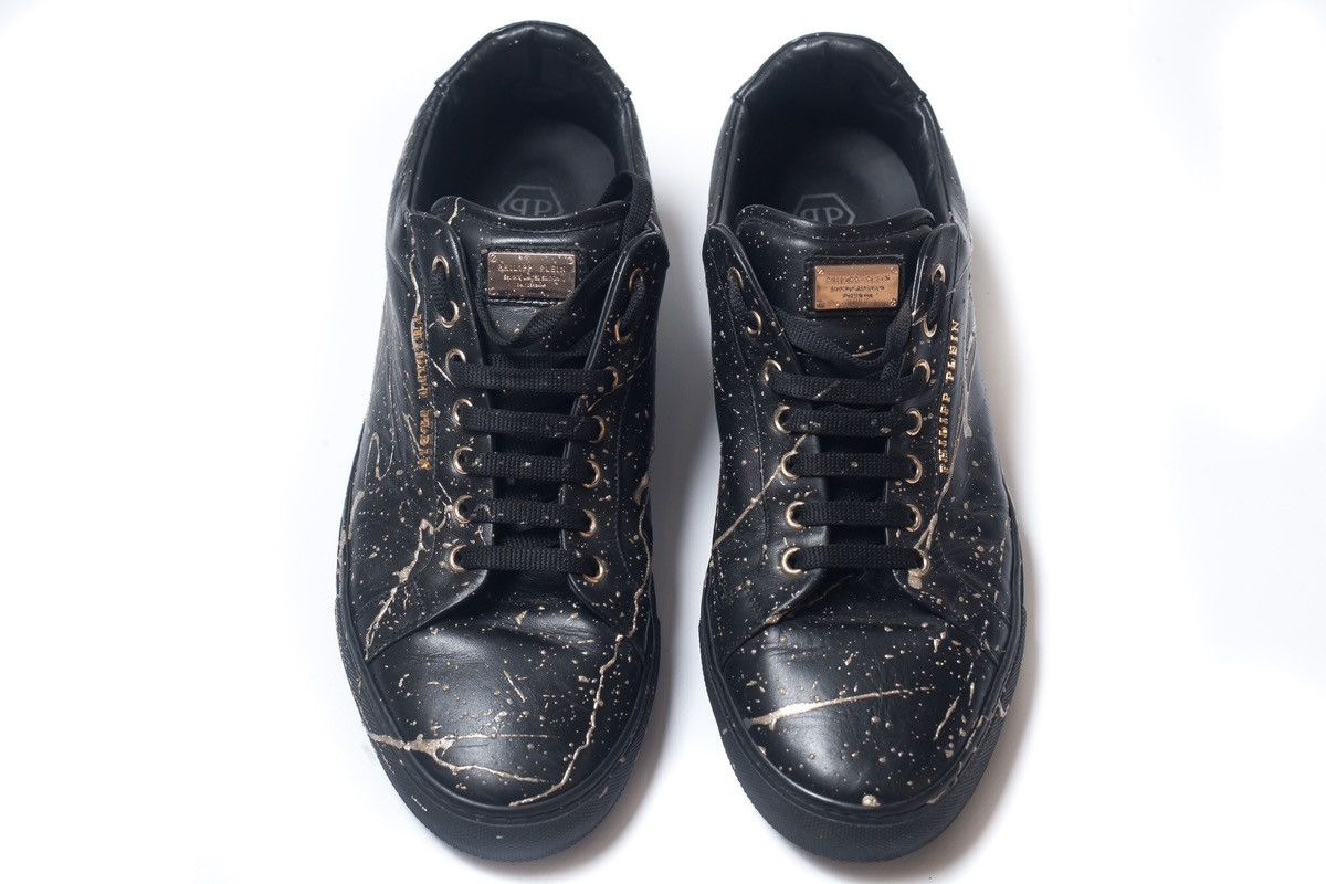 image of Philipp Plein Black Leather Painted Gold Sneakers Size 45, Men's