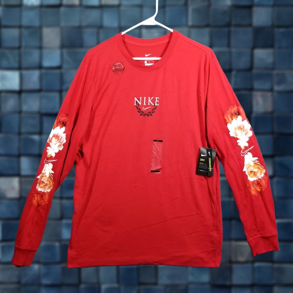 Nike Nike Shirt Mens Large Red Flower Swoosh Long Sleeve Cotton Basketball Center Logo 90s Womens Mens Girls Size US L / EU 52-54 / 3 - 1 Thumbnail
