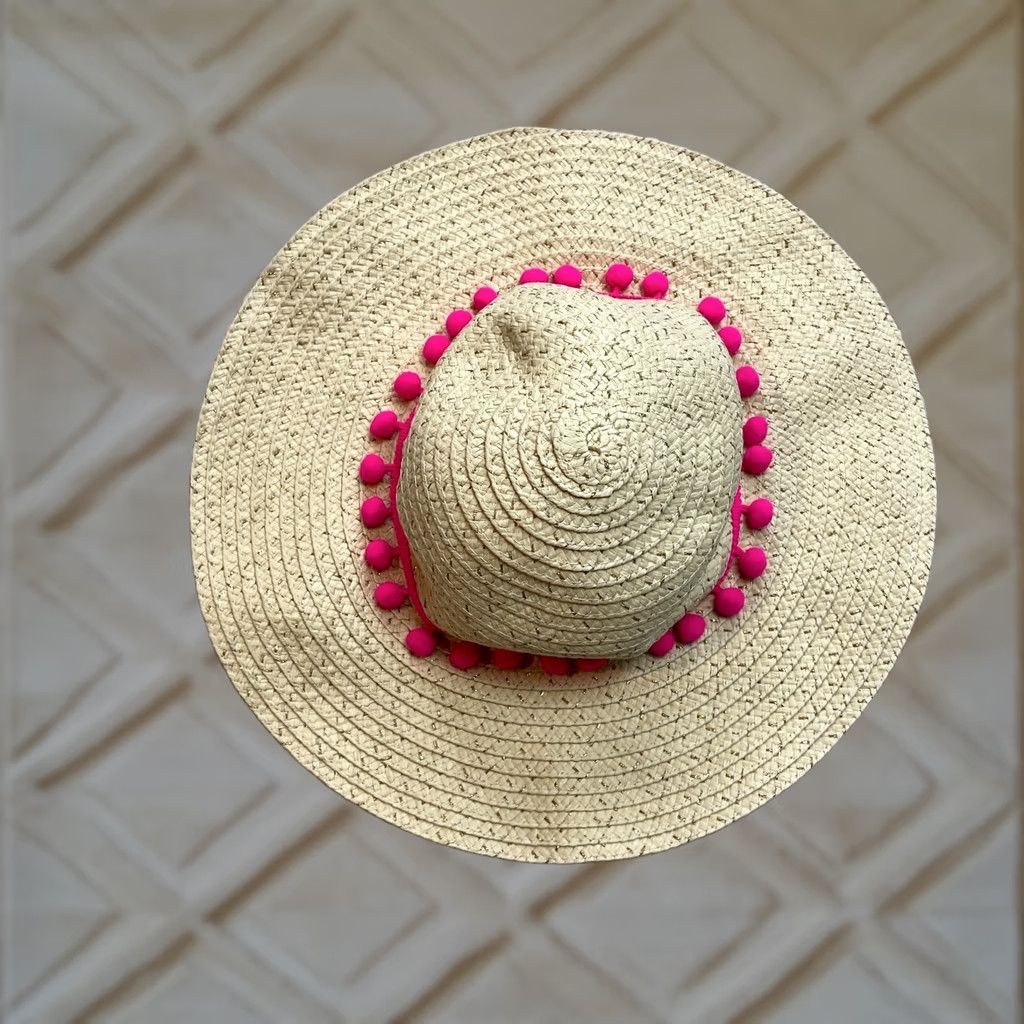 Pinko Unbranded Floppy Hat Brim with Pink Poofs Women Folding Summer Beach Sun Straw Hat Yellow, Sun Hat, Women, One Size Size ONE SIZE - 1 Thumbnail