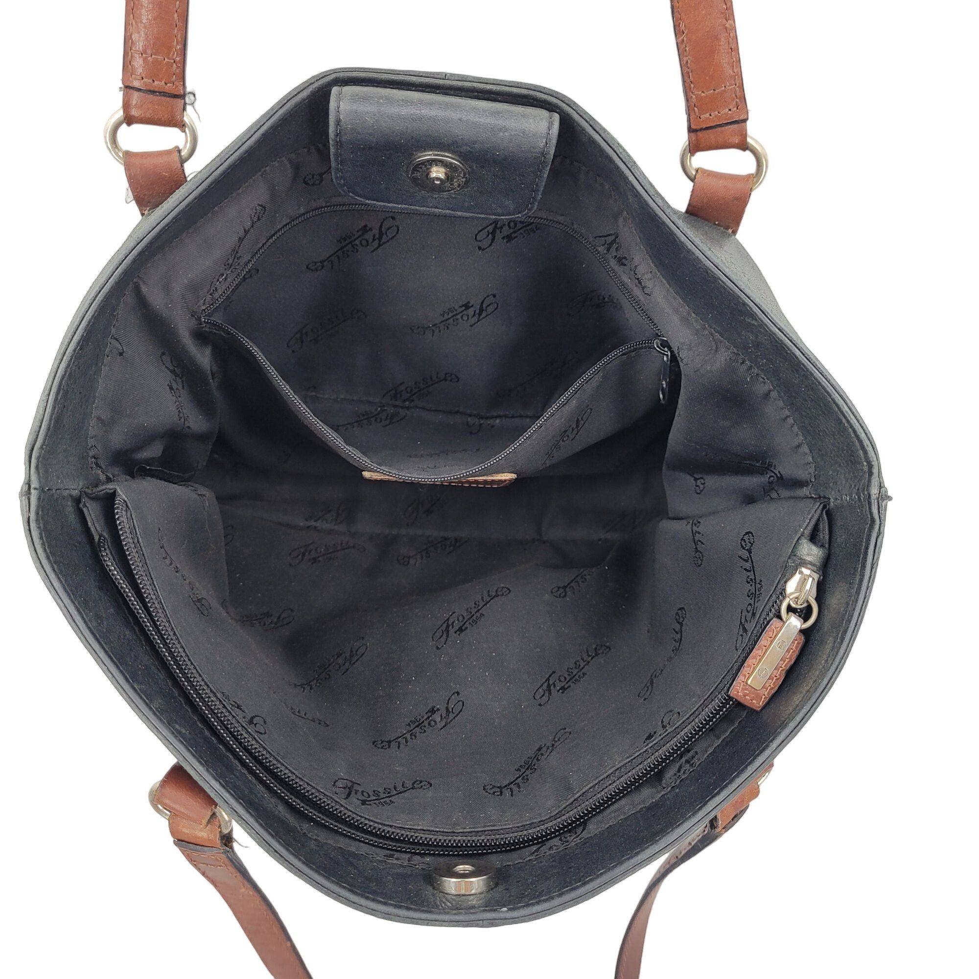 Fossil Fossil Black Genuine Leather Tote Bag Pebble Brown Embroider Size ONE SIZE - 11 Thumbnail