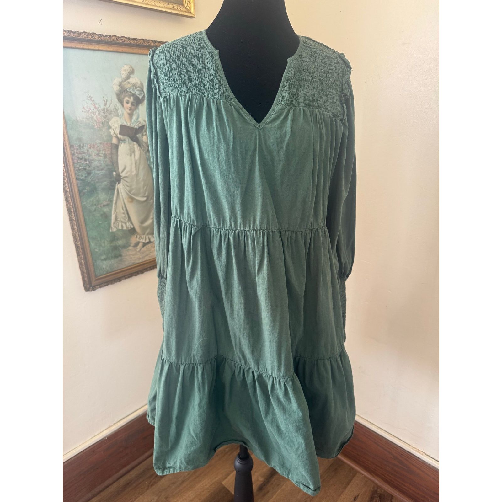 Other Pomander Place 100 Percent Cotton Green Smocked Tiered Dress Size S / US 4 / IT 40 - 1 Thumbnail
